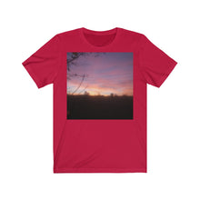 Load image into Gallery viewer, Red T-Shirt printed with a photograph of a Leicestershire sunset .