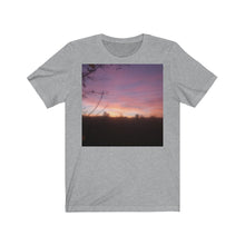 Load image into Gallery viewer, Grey(athletic heather) T-Shirt printed with a photograph of a Leicestershire sunset.