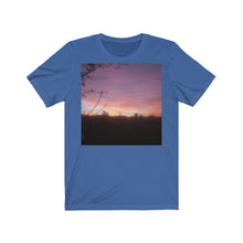 Load image into Gallery viewer, True royal blue T-Shirt printed with a photograph of a Leicestershire sunset.

