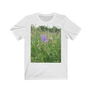 Photograph of a meadow cranesbill flower printed onto a white T-Shirt.